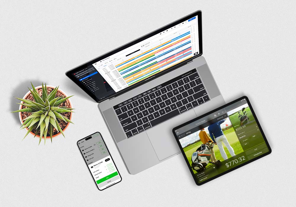 MacBook, iPad and iPhone displaying golf backend