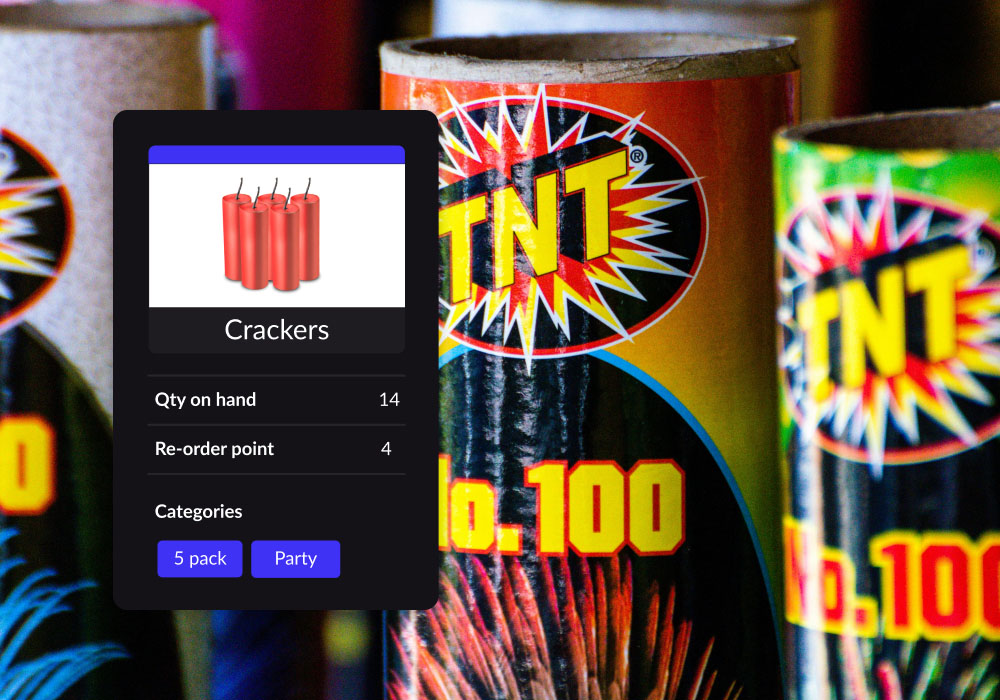 Firecrackers with floating module showing inventory management in Lightspeed's fireworks store pos system.