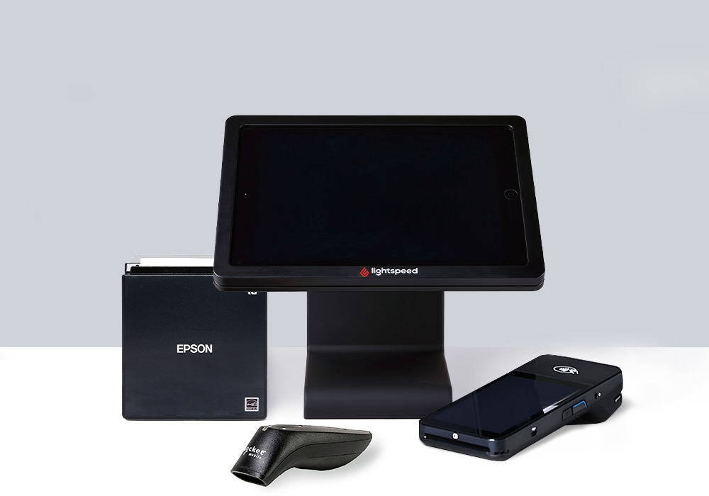 Sleek and sophisticated point of sale display with recipt printer and portable handheld payment device.