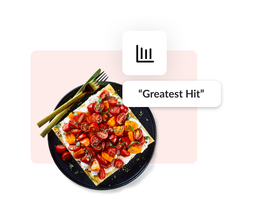 A white and pink block with an i mage of tomato tart and an illustration of a data graph