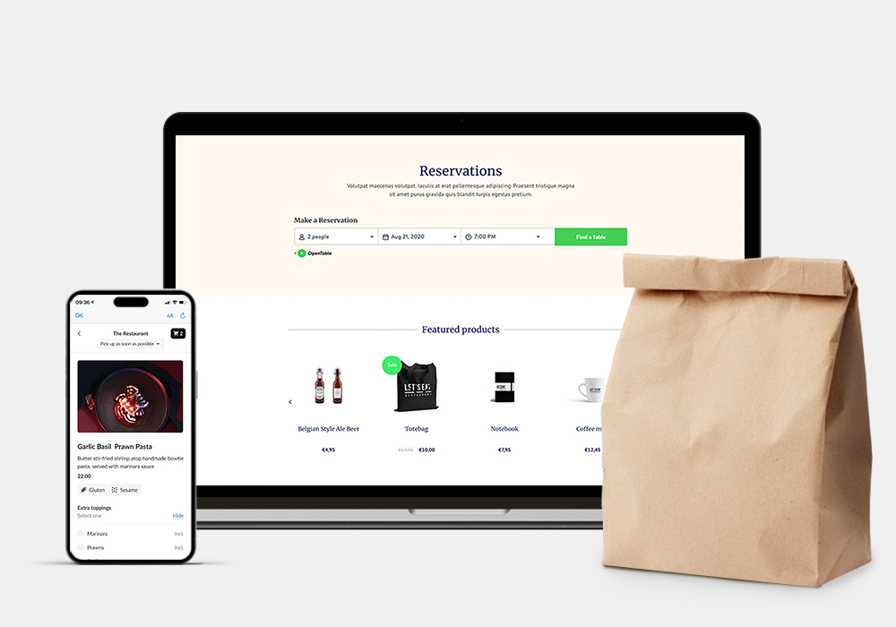 laptop and phone displaying delivery and reservation options, next to paper bag