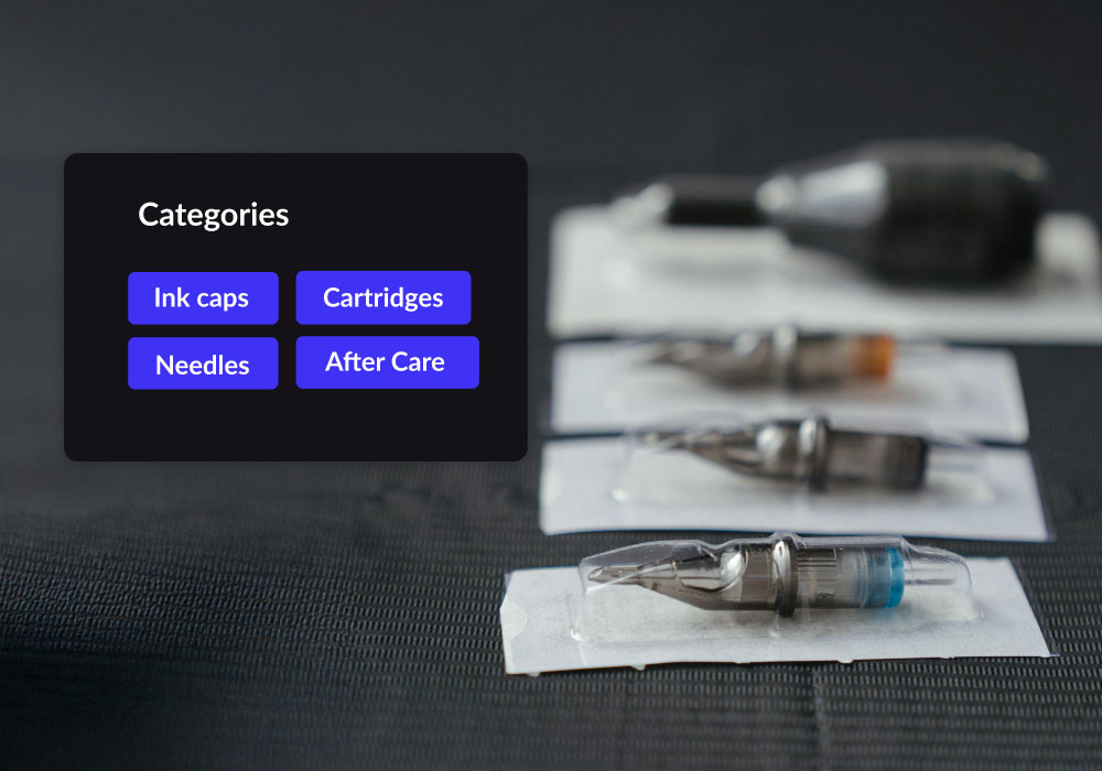 Tattooing equipment with a floating module showing inventory categories available in Lightspeed's tattoo shop pos