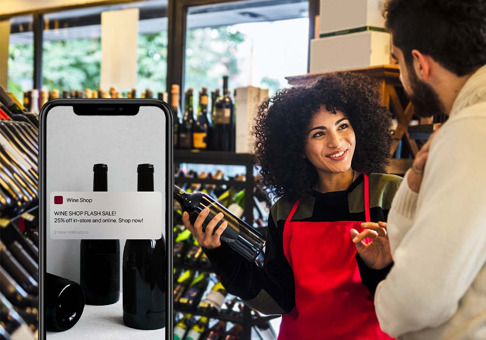 iPhone showing loyalty notification, retailer helping a customer choose wine in background