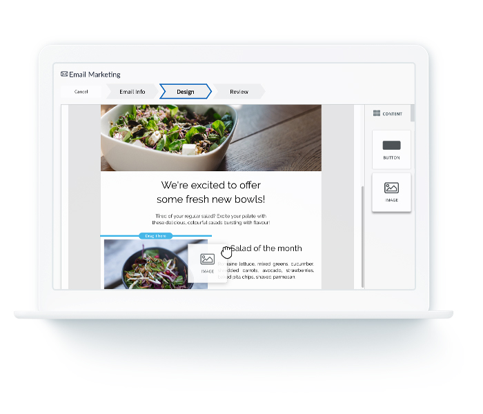 Drag and drop email builder on laptop screen