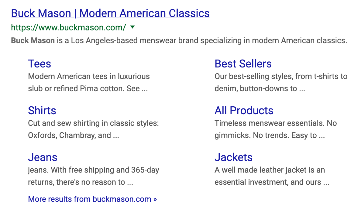 Buck Mason uses value propositions for their product category website page's SERP result descriptions