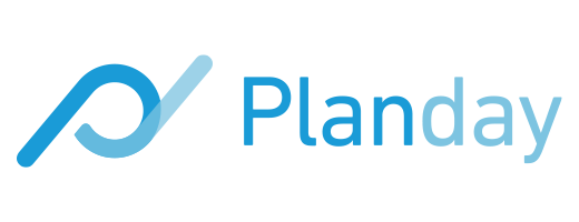 A blue icon with the word Planday