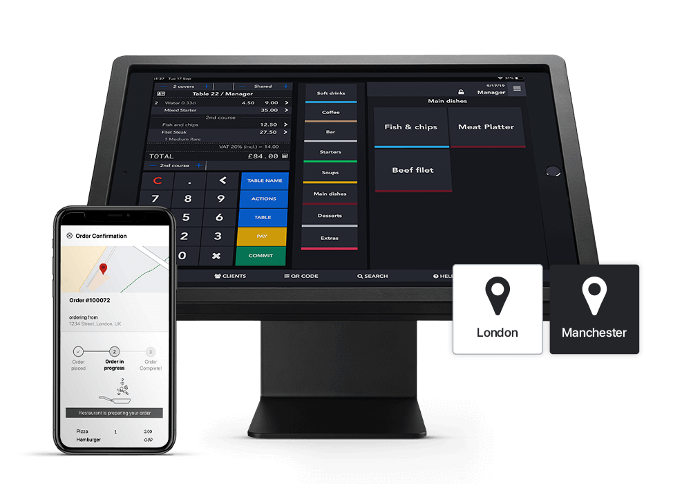 Lightspeed restaurant sales screen with location data on mobile phone screen adjacent