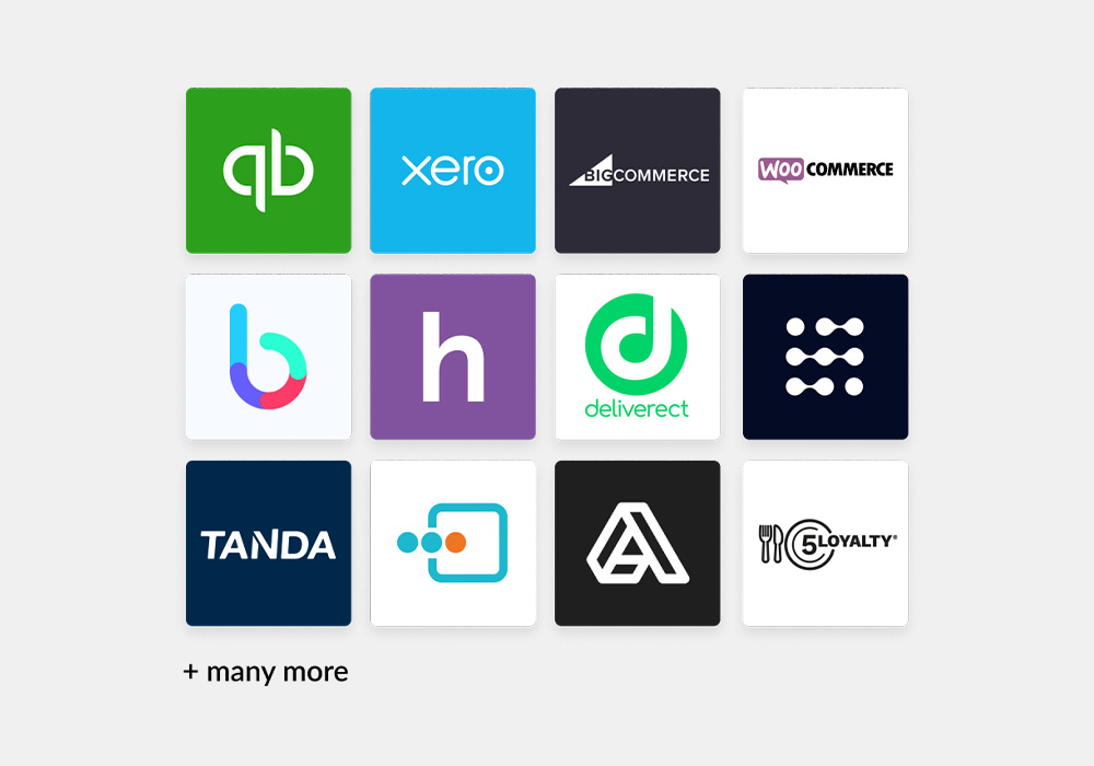 12 square icons displaying the icons of businesses including Xero and 5loyalty