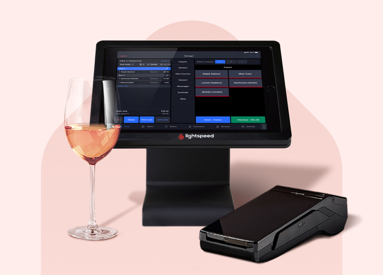 A pink banner with photos of a glass of rose wine and a Lightspeed screen and Payments terminal