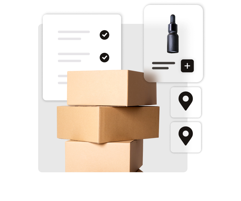 Stack of cardboard boxes surrounded by POS interface elements representing streamlined inventory and logistics management.