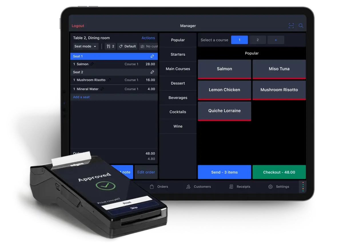 iPad with the Lightspeed Restaurant ePOS system interface, showing the user-friendly options for billing and payments.