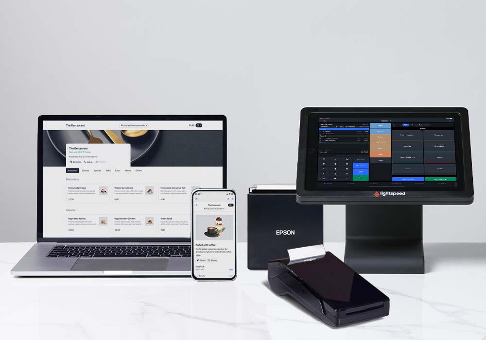 Lightspeed ePOS technology stack: laptop, iphone, thermal printer, card reader, iPad ePOS on stand