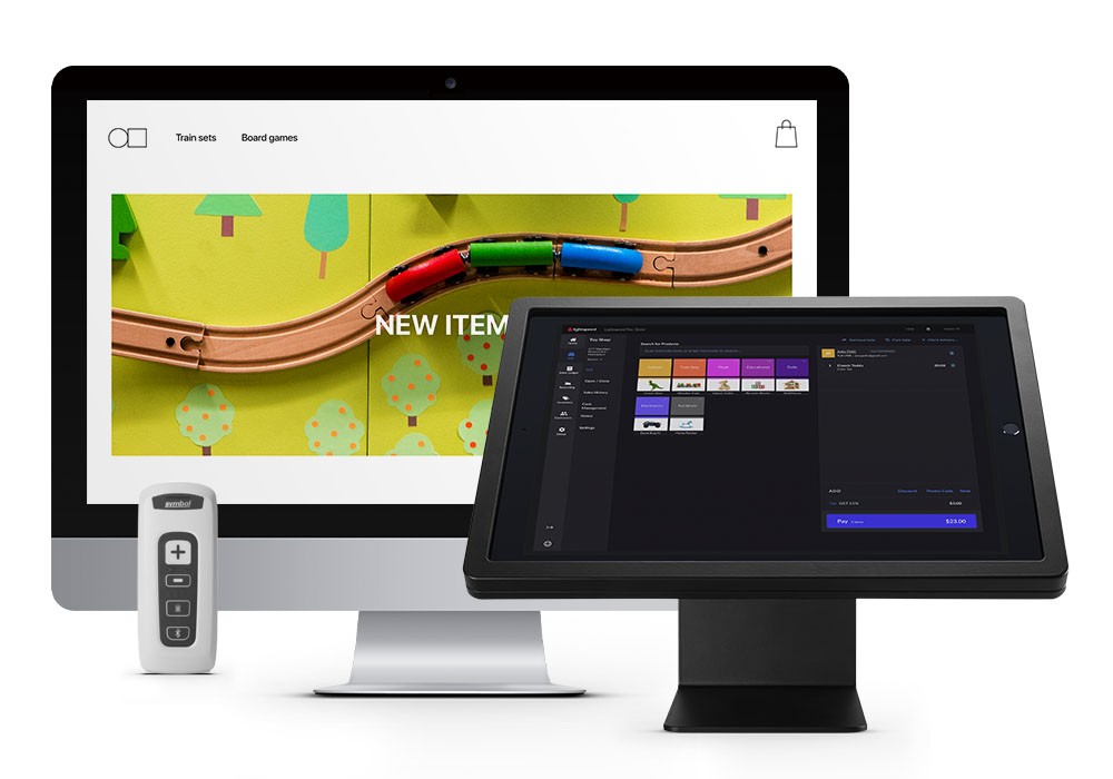 Computer screen showing webshop next to an iPad showing the Lightspeed Retail POS user interface.