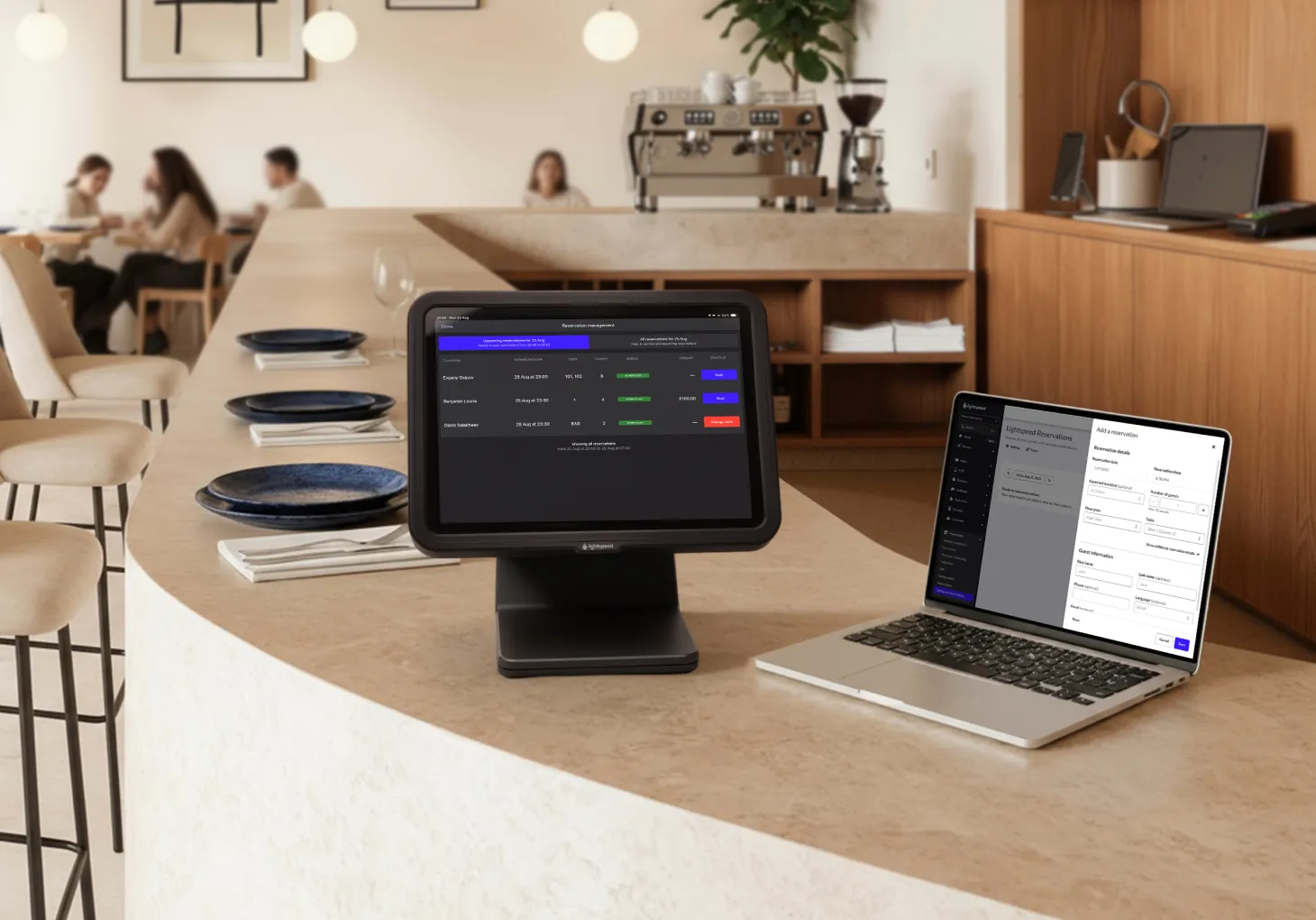 Lightspeed ePOS dashboard displayed on a laptop and iPad stand.