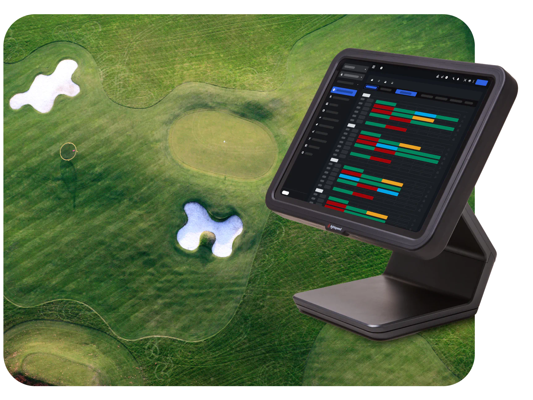 A Lightspeed ePOS in front of an aerial shot of a golf course.