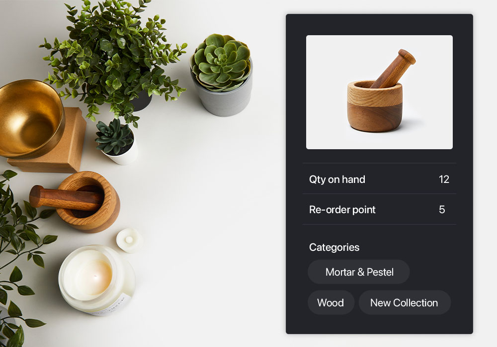 Lightspeed inventory management interface showing pestle and mortar with quantity on hand, re-order points and product categories listed below. Similar products shown background.