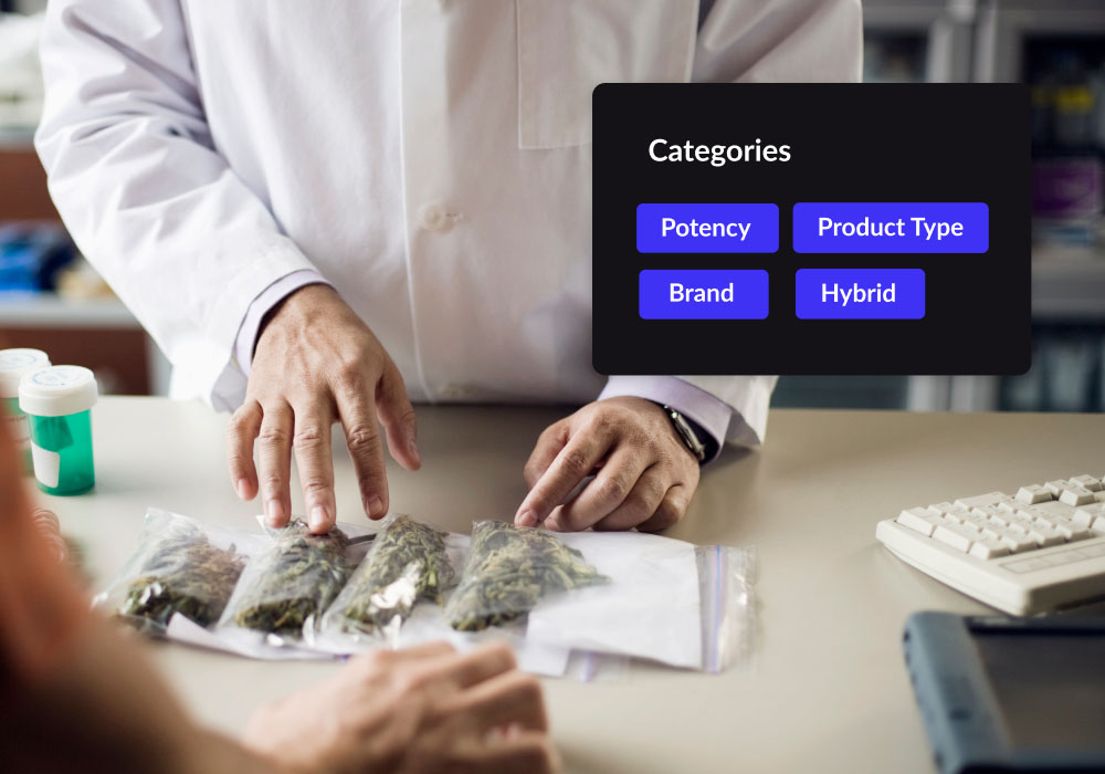 A cannabis store employee shows flower to a customer with a module on-screen showing the custom categories from their marijuana POS