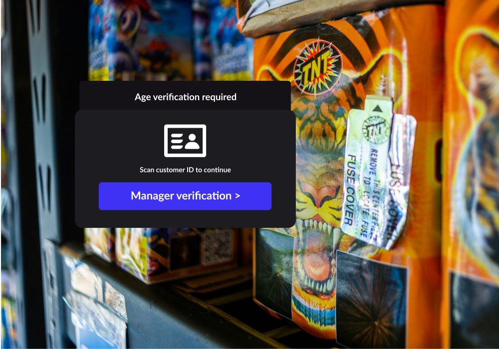 A floating module showing age verification in Lightspeed's fireworks store POS system.