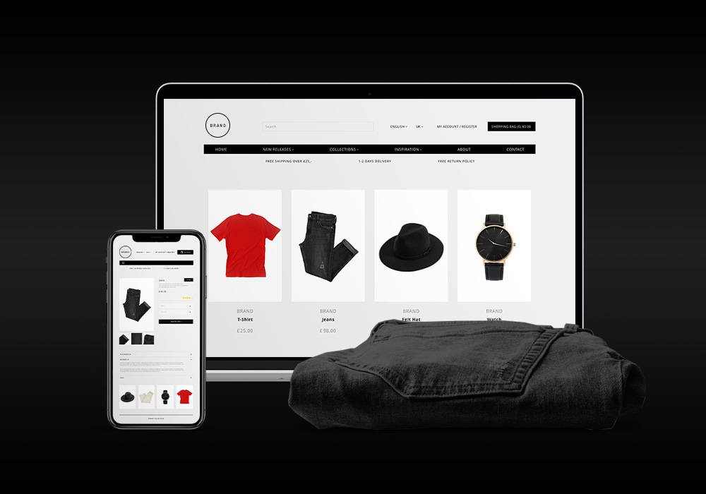 Shop inventory shown on laptop and iPhone screens, with piece of clothing folded in front
