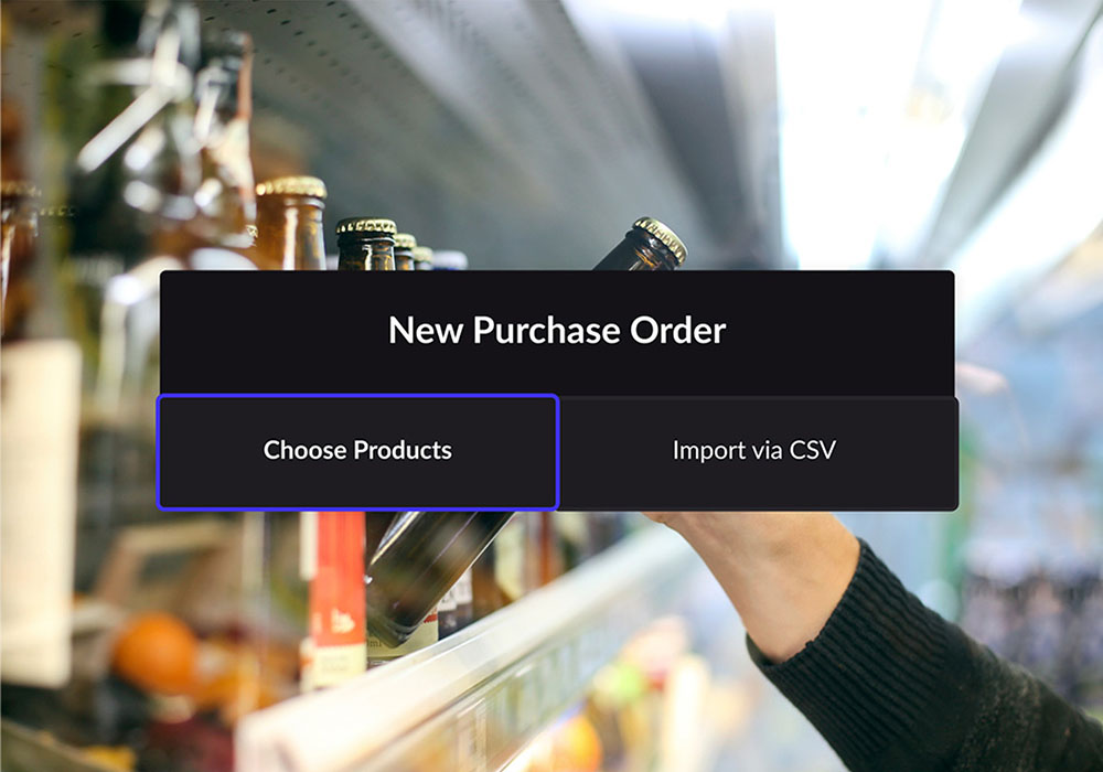 Stock management matrices for new purchase order. Buttons for choose product and item import shown. Drinks cabinets shown in background