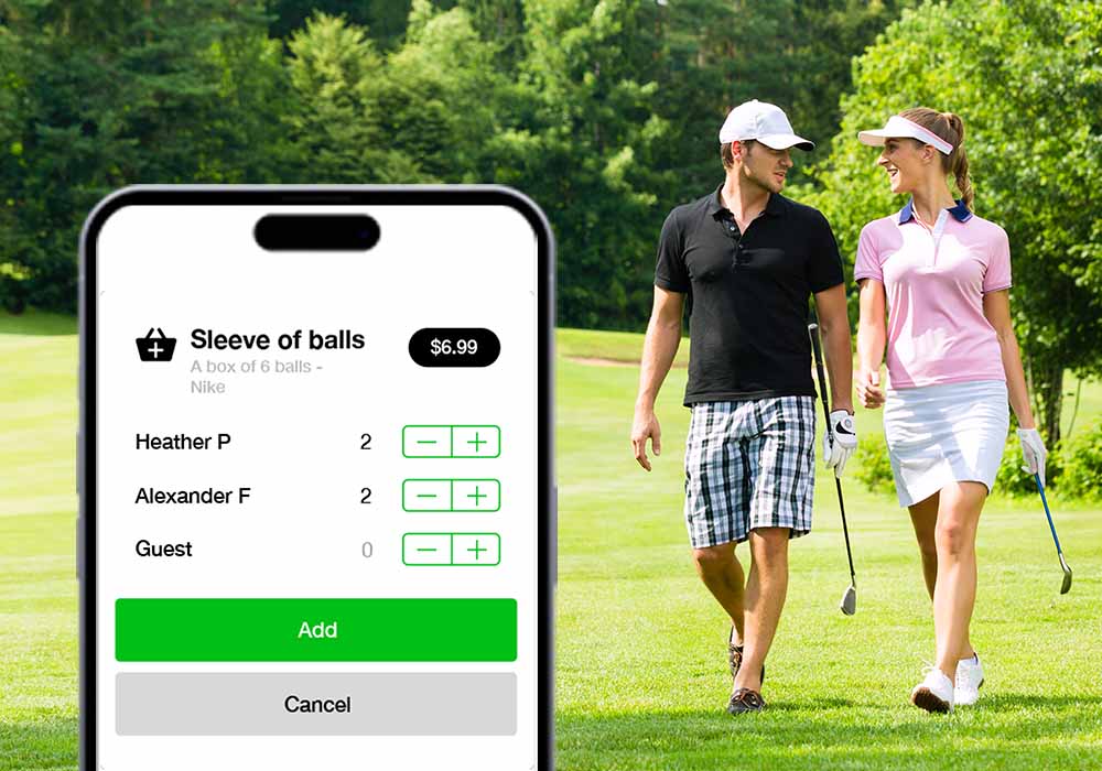 iPhone displaying golf backend, in the background two people on the golf course