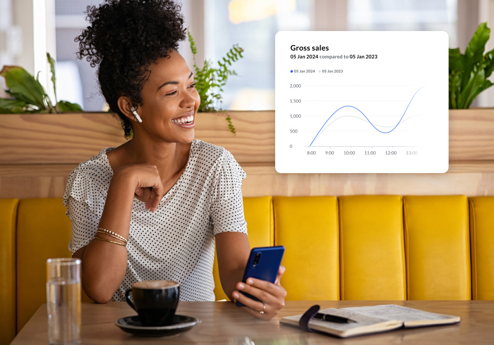 A woman smiles while using her phone at a cafe, with an overlaid chart showing gross sales data compared between two dates.