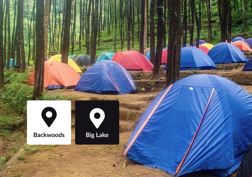 An image of a campground with several tents and a location pin.