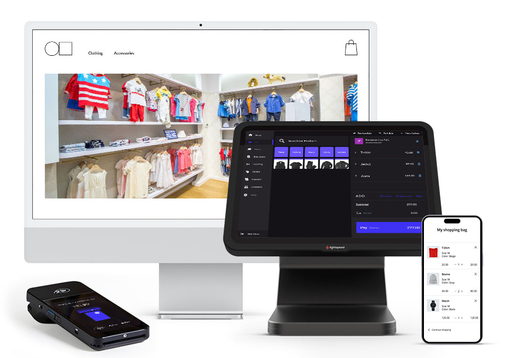 Lightspeed hardware including an iPad, iPhone, Mac computer and payment terminal