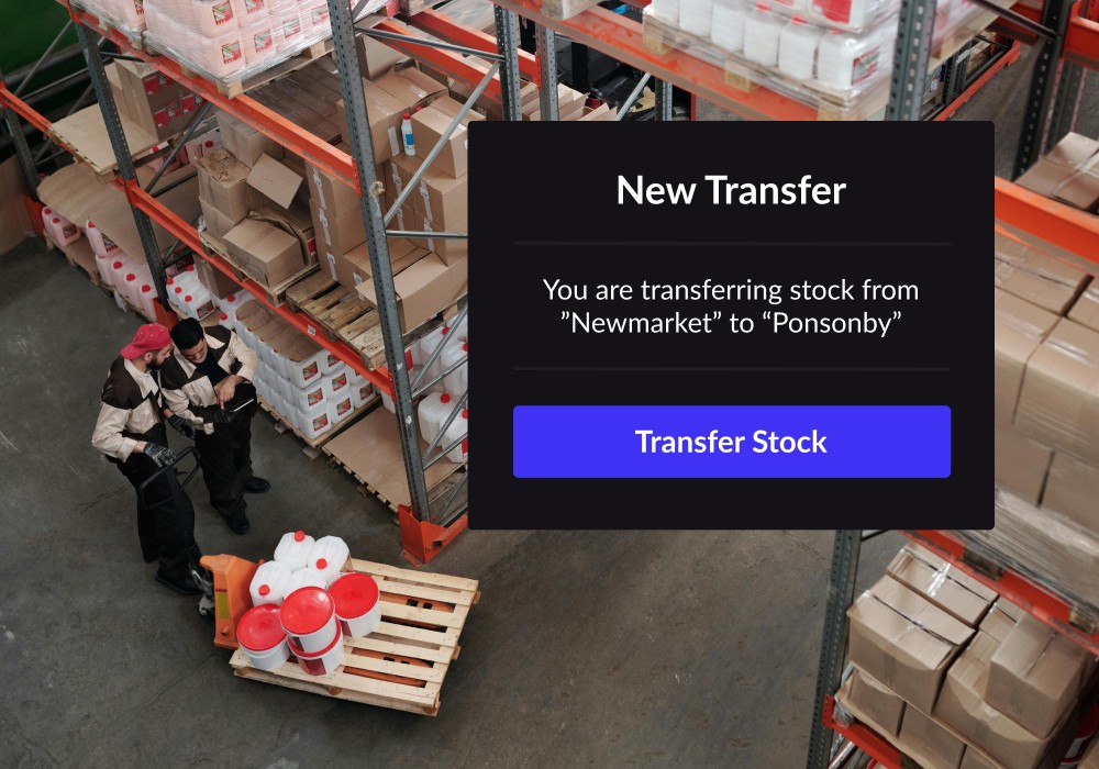 Construction store supply in a warehouse with a floating module showing stock transfers in Lightspeed's pos system for construction.