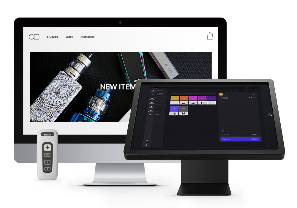 Computer screen showing webshop next to an iPad showing the Lightspeed Retail POS user interface.