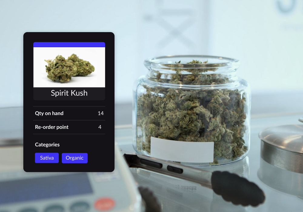 Cannabis flower in a jar next to a module showing the inventory information in a cannabis POS system