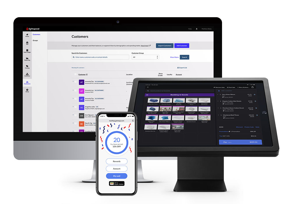 Lightspeed Loyalty on various interfaces: iMac, iPhone and iPad.