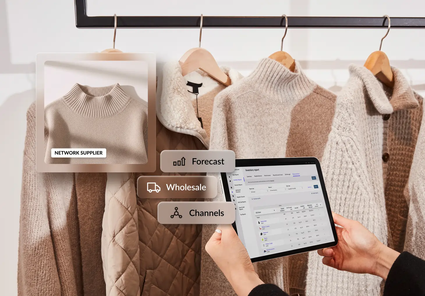 A person looks at their inventory data on a tablet screen.