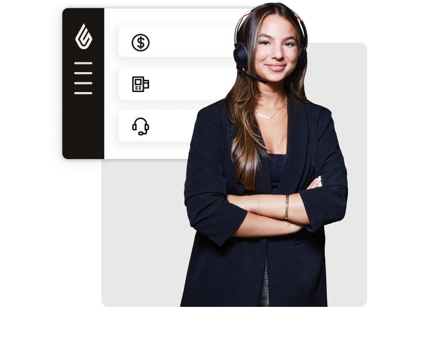 Customer support expert in front of a graphic interface with icons representing financial services, point of sale systems, and customer support.