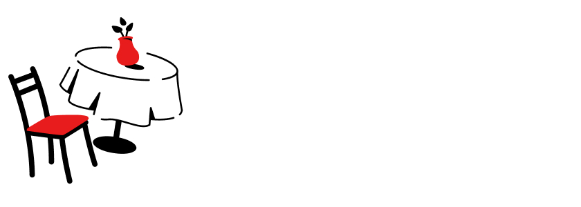 A black, red and white illustration of a table and chair