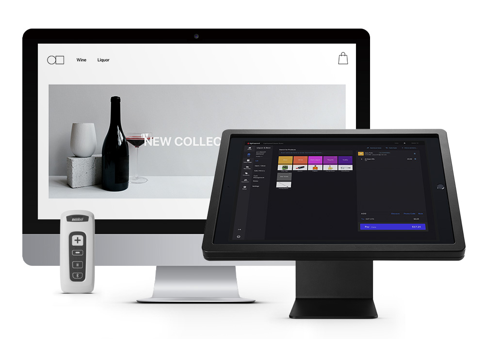 Computer screen showing webshop next to an iPad showing the Lightspeed Retail POS user interface.