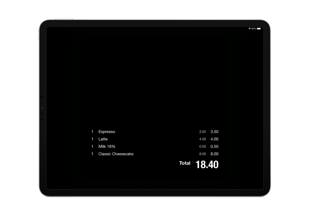 A black iPad screen displaying an order for coffee and cheesecake with the prices of each item