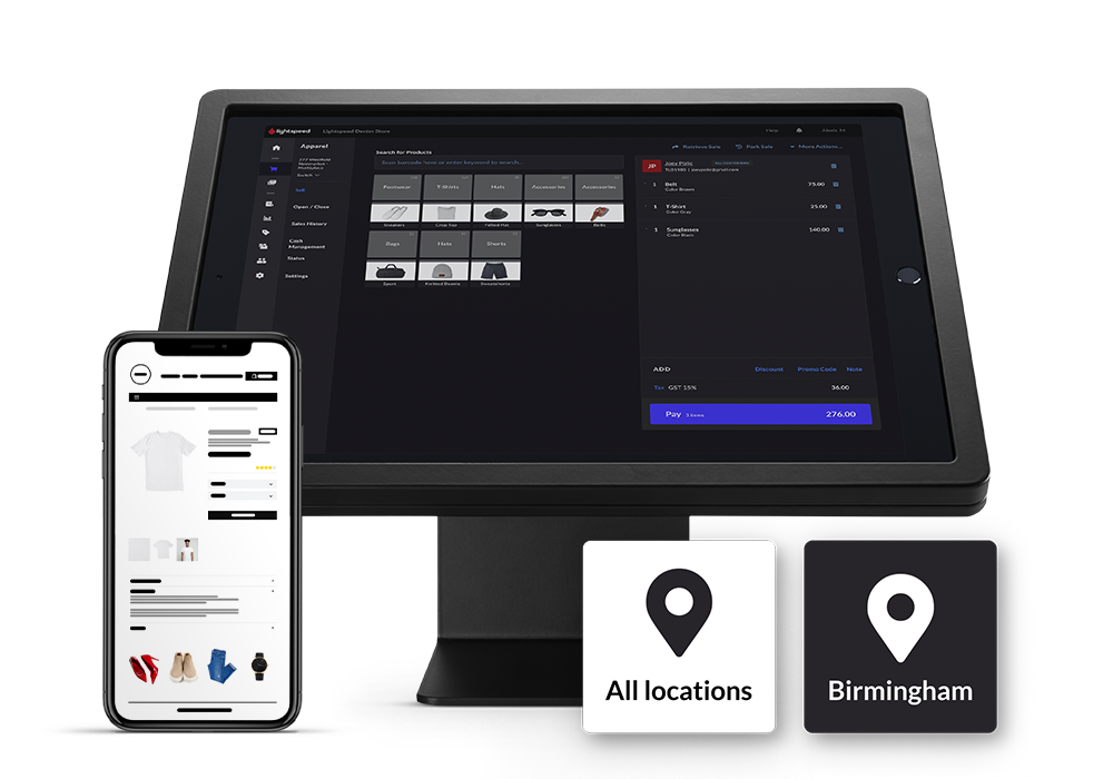 A black screen displaying a checkout process for a retail store, and an iPhone displaying a product page for a clothing store