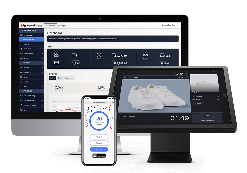 Desktop, iPad and iPhone screens showing Lightspeed Loyalty's many interfaces