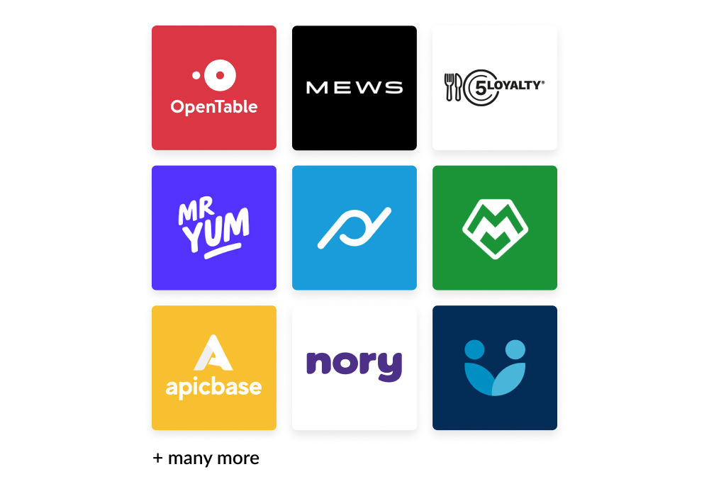 An image of nine partner logos for OpenTable, MEWS, 5loyalty, Mr Yum, Planday, MarketMan, Apicbase, Nory and Workforce
