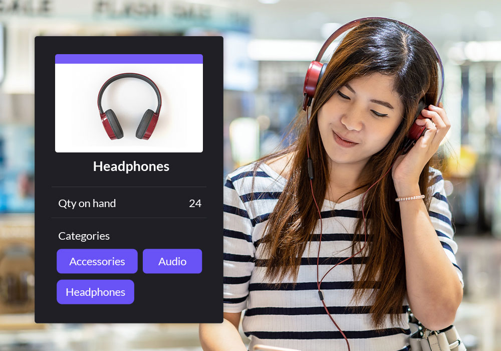 A woman listens to music, with a product entry overlaid.