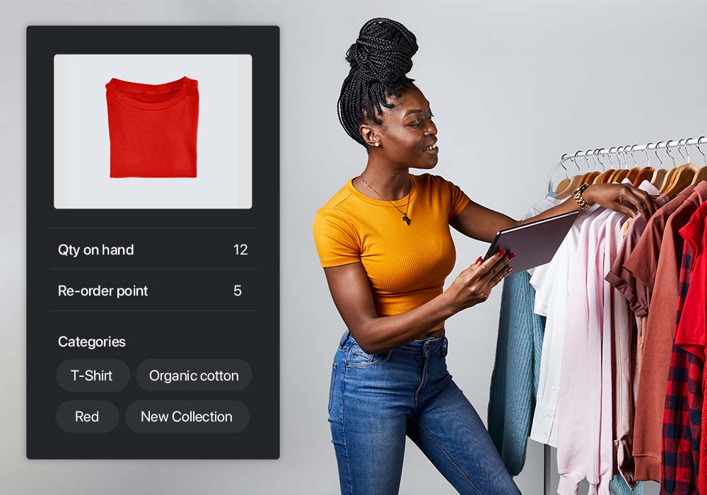 Person sorting clothing inventory, with Lightspeed inventory management interface next to them.