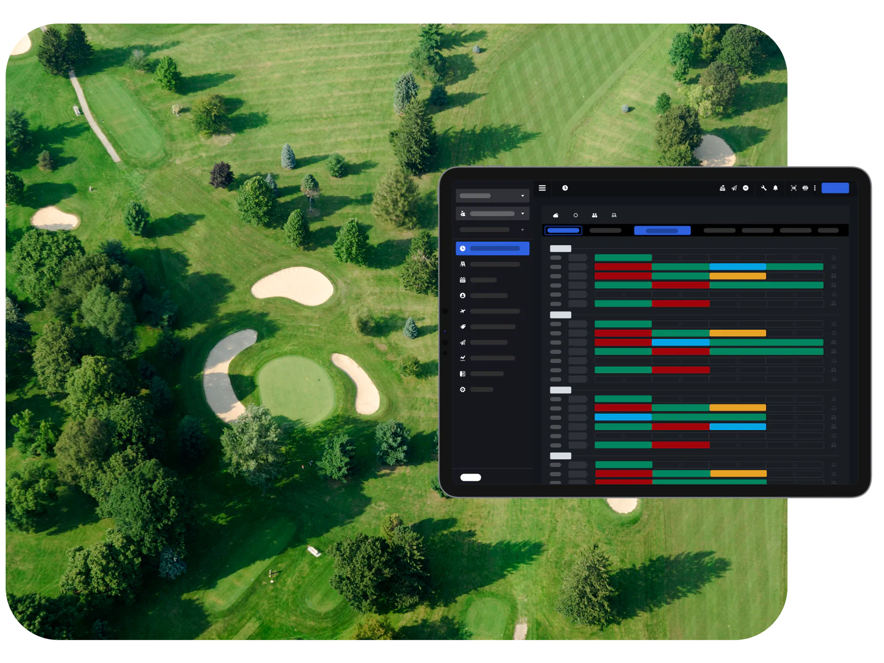 A Lightspeed ePOS in front of an aerial shot of a golf course.