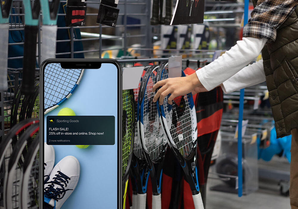A photo of a sporting goods store overlaid by a mobile phone.