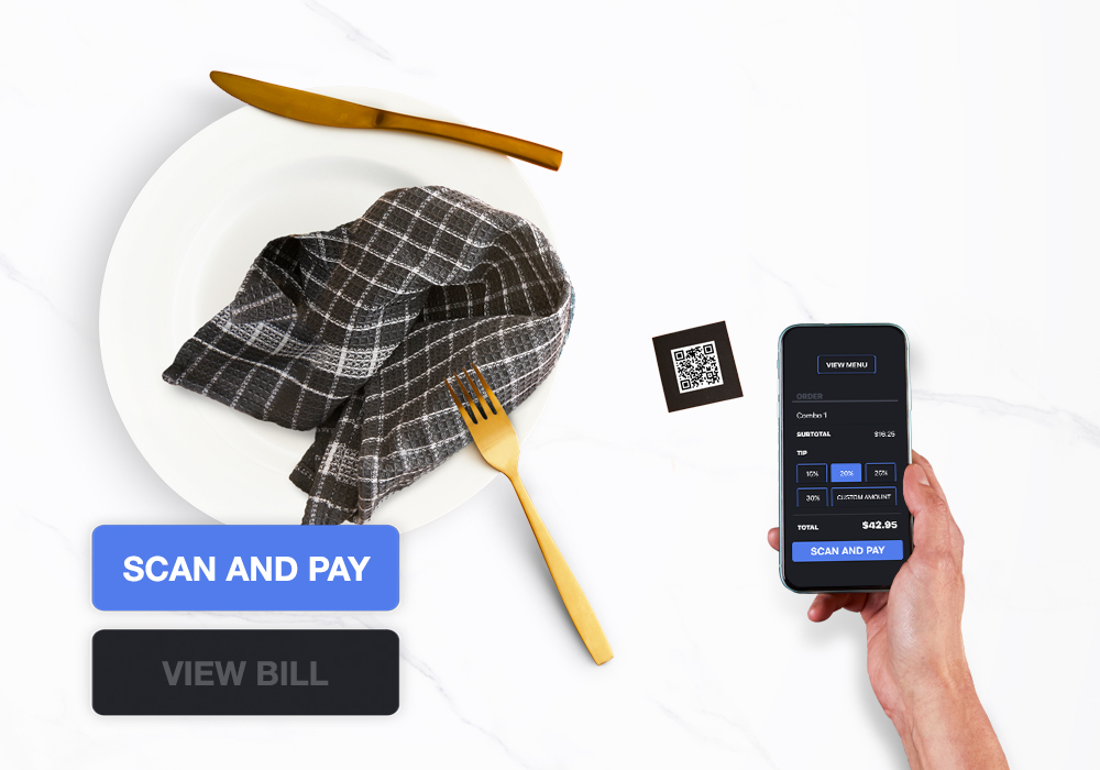 hand with phone and scan and pay feature