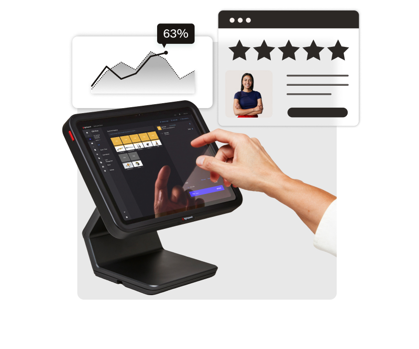 Touchscreen point-of-sale system displaying a sales interface, surrounded by graphic elements including performance chart, star ratings and profile image.
