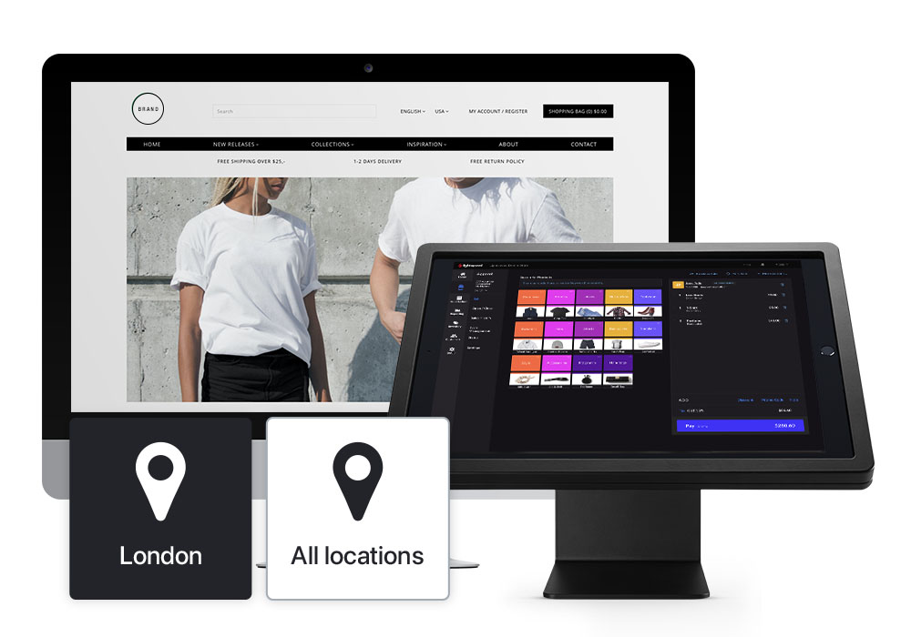 Webshop page shown on iMac, Lightspeed Retail POS shown on iPad, pins for different locations in bottom left corner.