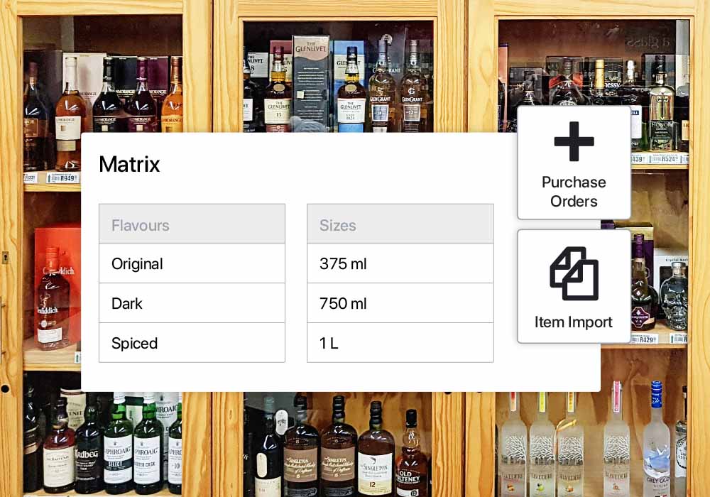 Stock management matrices for flavours and sizes. Buttons for purchase orders and item import shown on right. Drinks cabinets shown in background