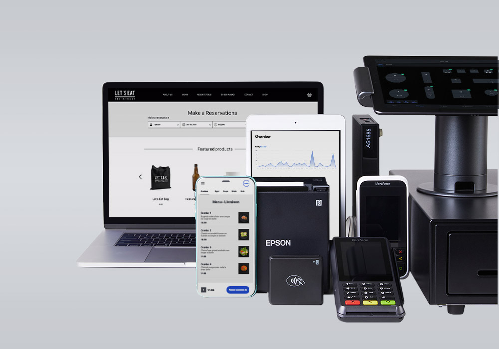 Lightspeed ePOS technology stack: laptop, iphone, thermal printer, card reader, iPad ePOS on stand