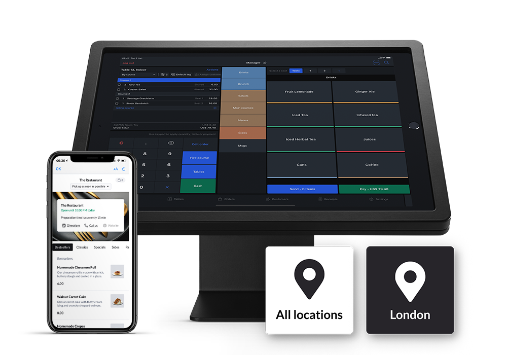 A black screen displaying a menu system, and an iPhone displaying a digital menu
